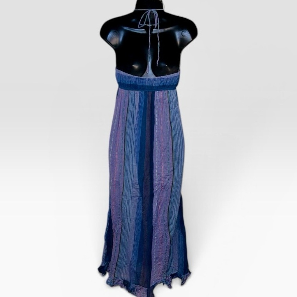 Vintage Blue Stripe Halter Open Back Embroidery Boho Ruffle Maxi Dress Size M - Picture 2 of 11
